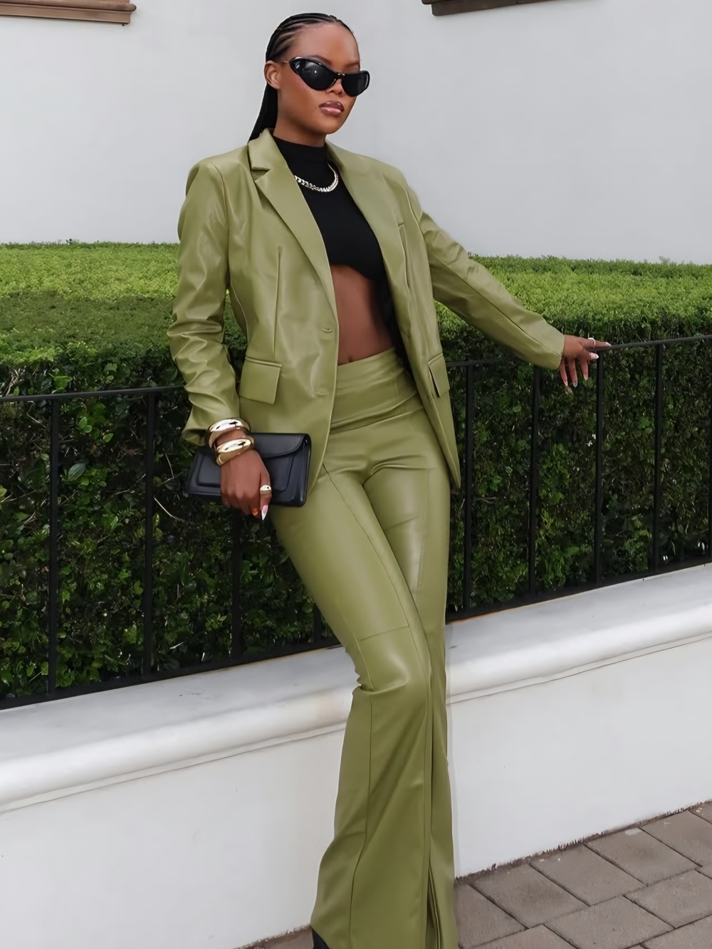 Fashion Nova Olive Green Vegan Leather Wide Leg Pants Suit